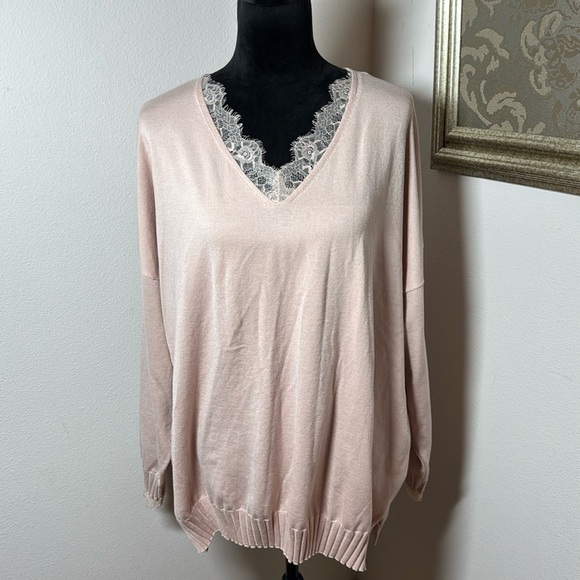 Adrianna Papell Blush lace trim V neck soft relaxed dropped shoulder sweater XL - Picture 2 of 8